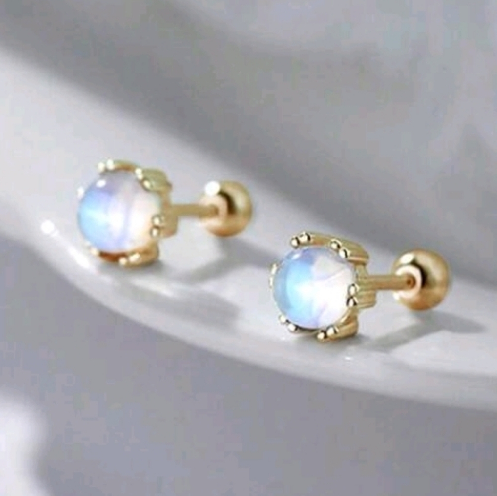 NEW! 18K Gold Plated Moonstone Petite- Minimalist Screw Back Stud Earrings